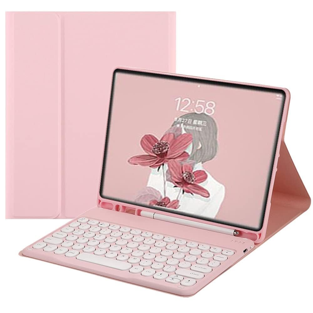 AnMengXinLing Galaxy Tab A11/A9 (8.7 Inch) Keyboard Case with S Pen Holder, Slim Round Key Cute Candy Magnetically Detachable Wireless Bluetooth Keyboard Cover, Pink