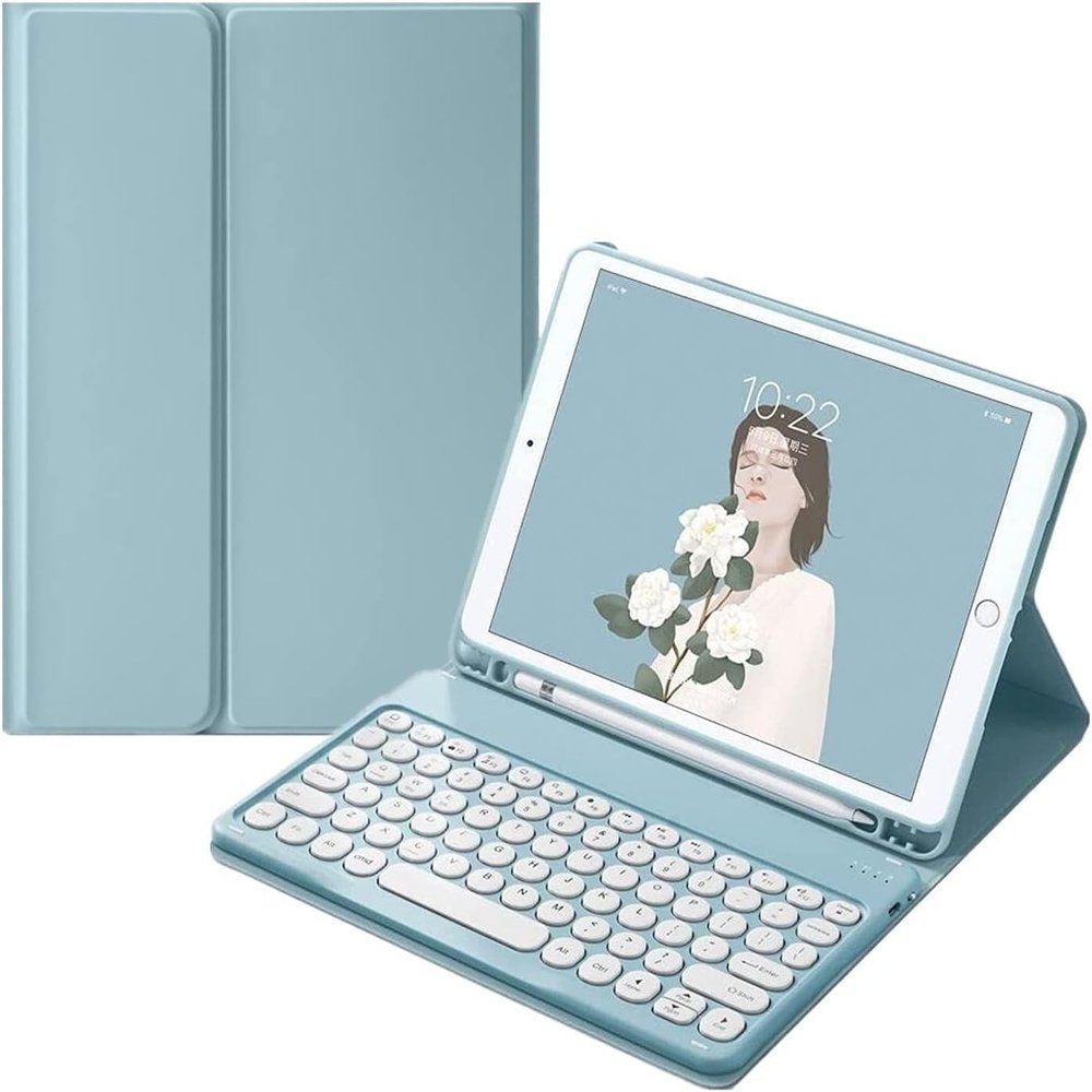 AnMengXinLing Keyboard Case for Galaxy Tab S10 Lite / S10 FE / S9 FE / S9 / S8/S7 with S Pen Holder, Slim Cover with Round Key Cute Candy Magnetic Detachable Keyboard, Mist Blue
