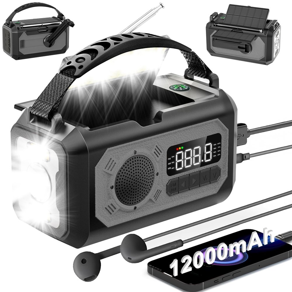 irjeen 12000mAh Emergency Radio, Portable Weather Alert Radio AM/FM/NOAA, Hand Crank with Flashlight, Reading Lamp, SOS Alarm, USB Charger, for Home & Outdoor Emergency (Gray)
