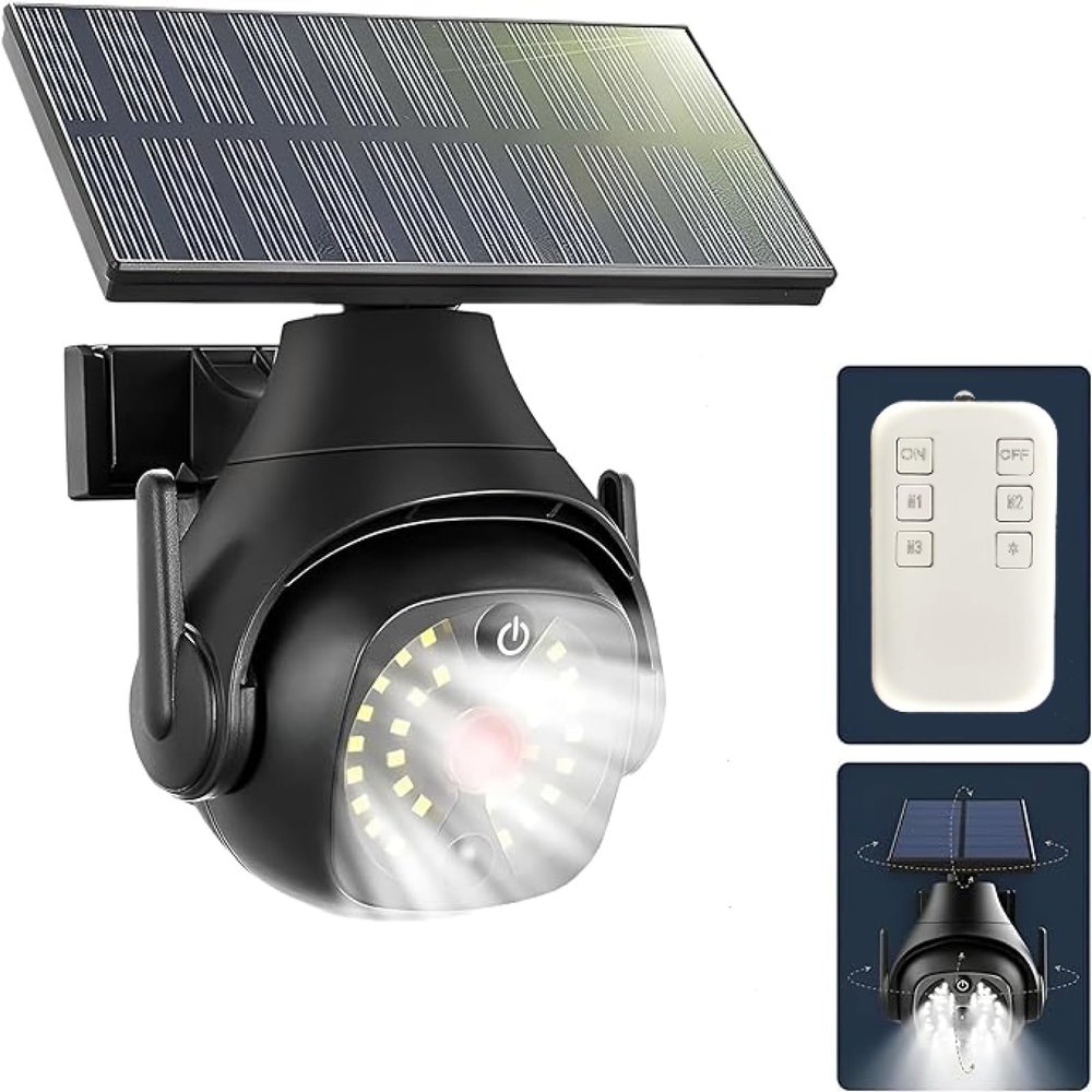 Clearhill Dummy Fake Security Camera and Solar Motion Sensor Lights, 2-in-1 Solar Lights with Remote Control, Realistic Look, Easy to Install, IP66 Waterproof, for Outdoor (1)
