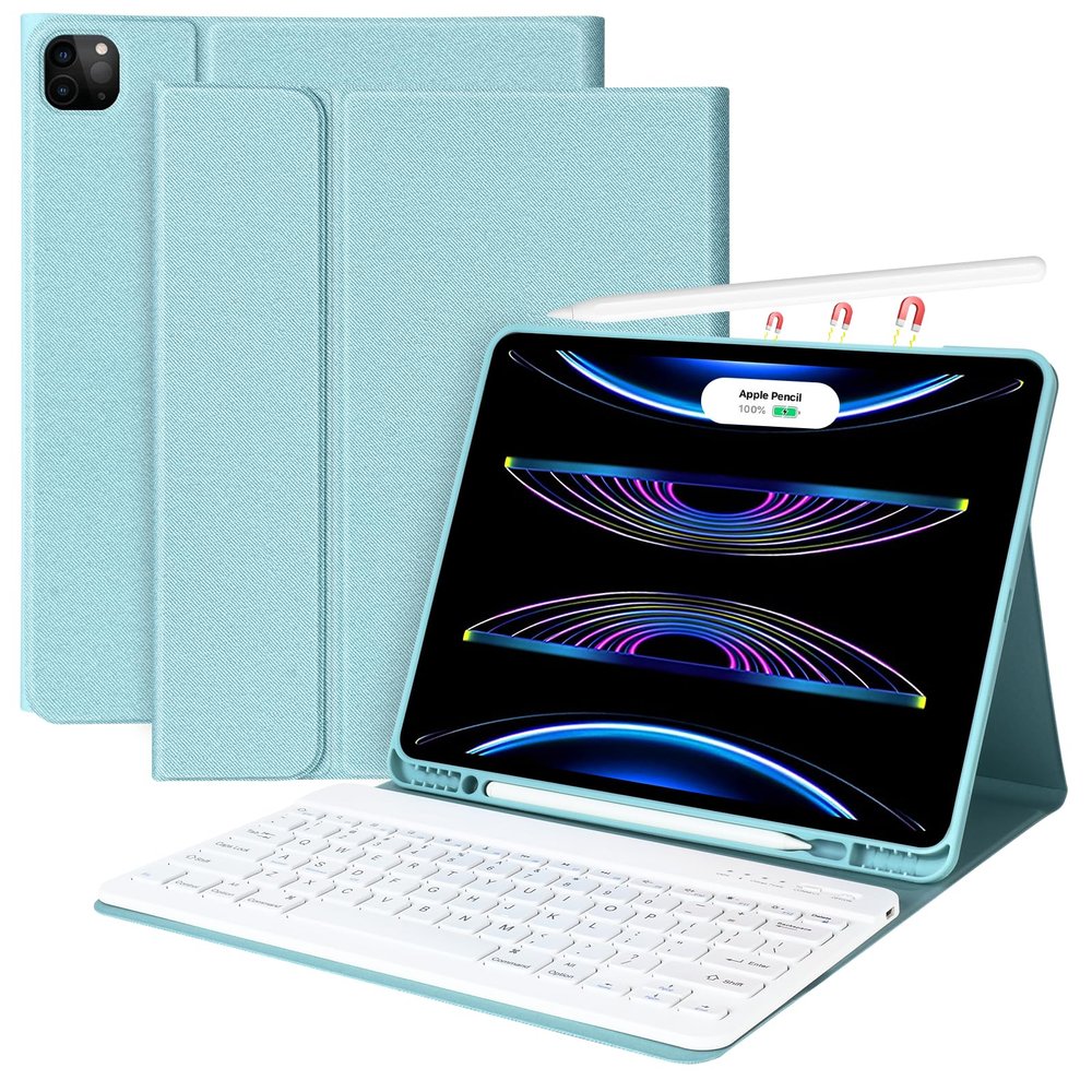 AMZCASE for iPad Air 13 inch Case with Keyboard(M2/M3), Folio Magnetic Detachable Stand Cover for iPad air13 inch 2024/2025, Pro 12.9 inch 6th/5thGen, Pen Holder for 12.9 case with keyboard, Lake Blue