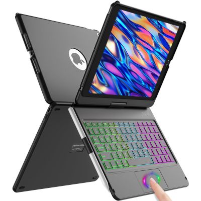 aMZCaSE for iPad 9th/8th/7th Generation case with Keyboard and Pen Holder,Colorful Backlight,360Rotatable Slim Cover,10.2 inch of iPad Case with Wireless Bluetooth Keyboard,Pencil Holder,Black