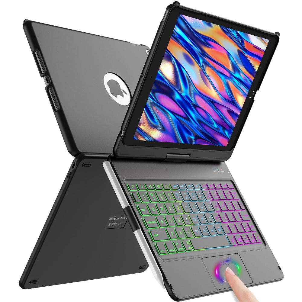 aMZCaSE for iPad 9th/8th/7th Generation case with Keyboard and Pen Holder,Colorful Backlight,360Rotatable Slim Cover,10.2 inch of iPad Case with Wireless Bluetooth Keyboard,Pencil Holder,Black
