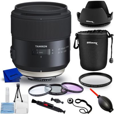 Pixel Hub Tamron SP 45mm f/1.8 Di VC USD Lens for Nikon F - Accessory Bundle Includes: Lens Pouch, Tulip Hood Lens, Filter Kit, Lens Cap Keeper and More