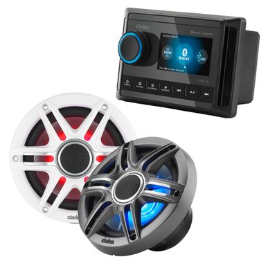 Clarion CMM-30 Marine Source Unit Color LCD Display with CMSP-651RGB-SWG 6.5-inch Premium Marine Coaxial Speakers, Sport Grilles RGB LED Lighting