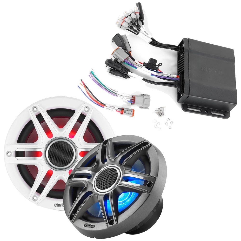 Clarion CMM-30BB Hideaway Marine Source Unit with CMSP-651RGB-SWG 6.5-inch Premium Marine Coaxial Speakers, Sport Grilles RGB LED Lighting