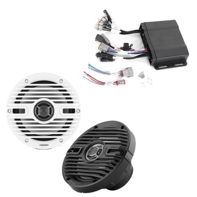 Clarion CMM-30BB Hideaway Marine Source Unit with CMS-651-CWB 6.5-inch Marine Coaxial Speakers, Classic Grilles