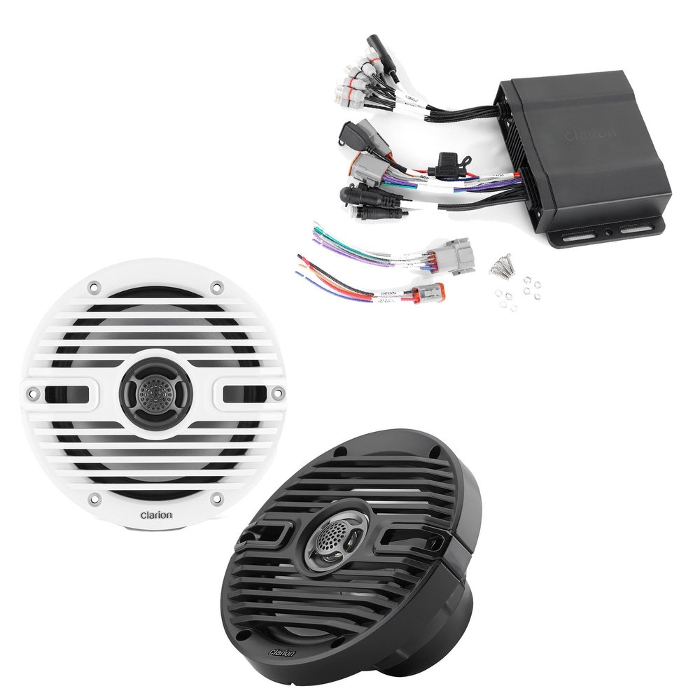 Clarion CMM-30BB Hideaway Marine Source Unit with CMS-651-CWB 6.5-inch Marine Coaxial Speakers, Classic Grilles