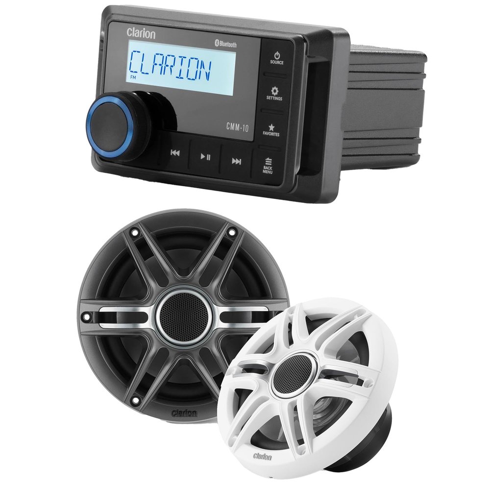Clarion CMM-10 Marine Source Unit with CMSP-651-SWG 6.5-inch Premium Marine Coaxial Speakers, Sport Grilles