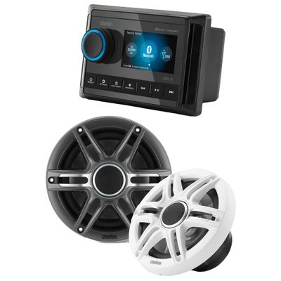 Clarion CMM-30 Marine Source Unit with Full-Color LCD Display with CMSP-651-SWG 6.5-inch Premium Marine Coaxial Speakers, Sport Grilles