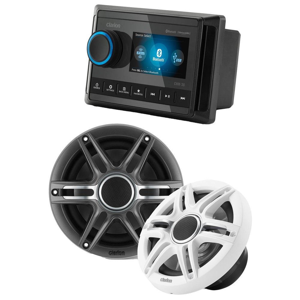 Clarion CMM-30 Marine Source Unit with Full-Color LCD Display with CMSP-651-SWG 6.5-inch Premium Marine Coaxial Speakers, Sport Grilles