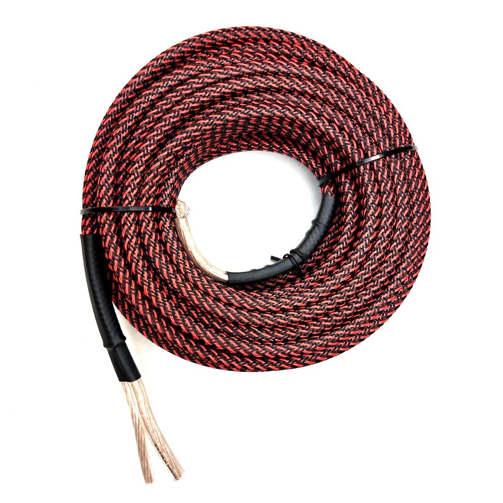 225FWY 14 Gauge Speaker Wire Custom Color + Custom Length Snakeskin Braided Sleeve Copper Marine Car Audio Automotive Speaker Wire 14 AWG (Black/Red, 50 FT)