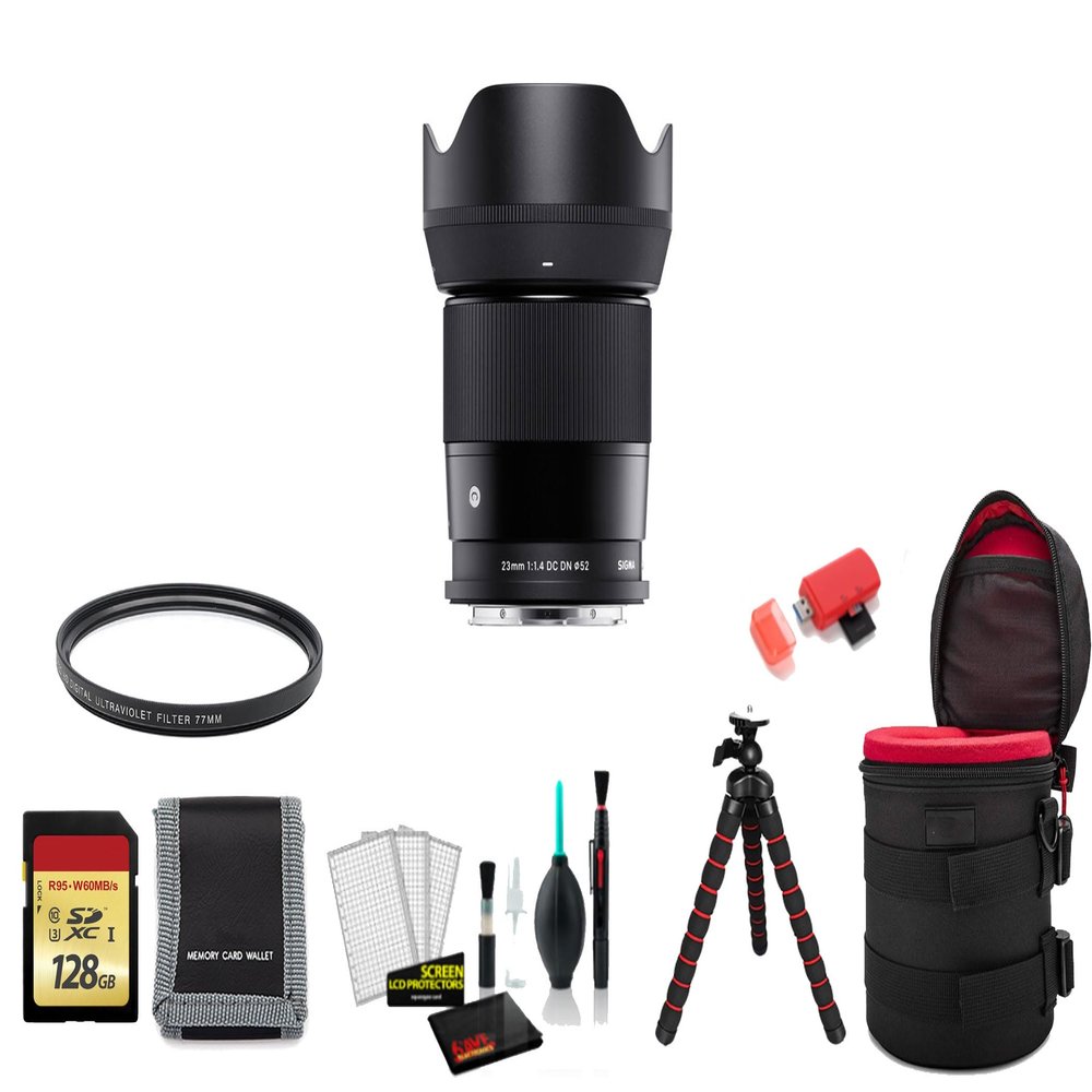 Sigma 23mm f/1.4 DC DN Contemporary Lens (Leica L) 348969 APS-C Format - Bundle with 128GB Memory Card, Tripod, and More