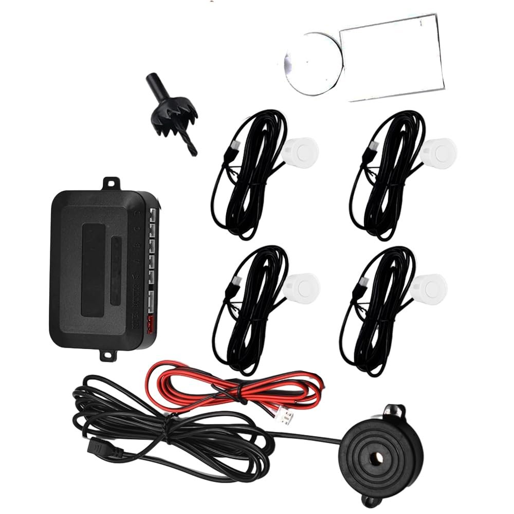KACEPAR Car Parking Reversing Radars System with 4 Parking Sensors White, Universal Cars Parking Assistance Reversing Radar, Reverse Backup Parking Sensor Radar System Reversing Assistance Kit