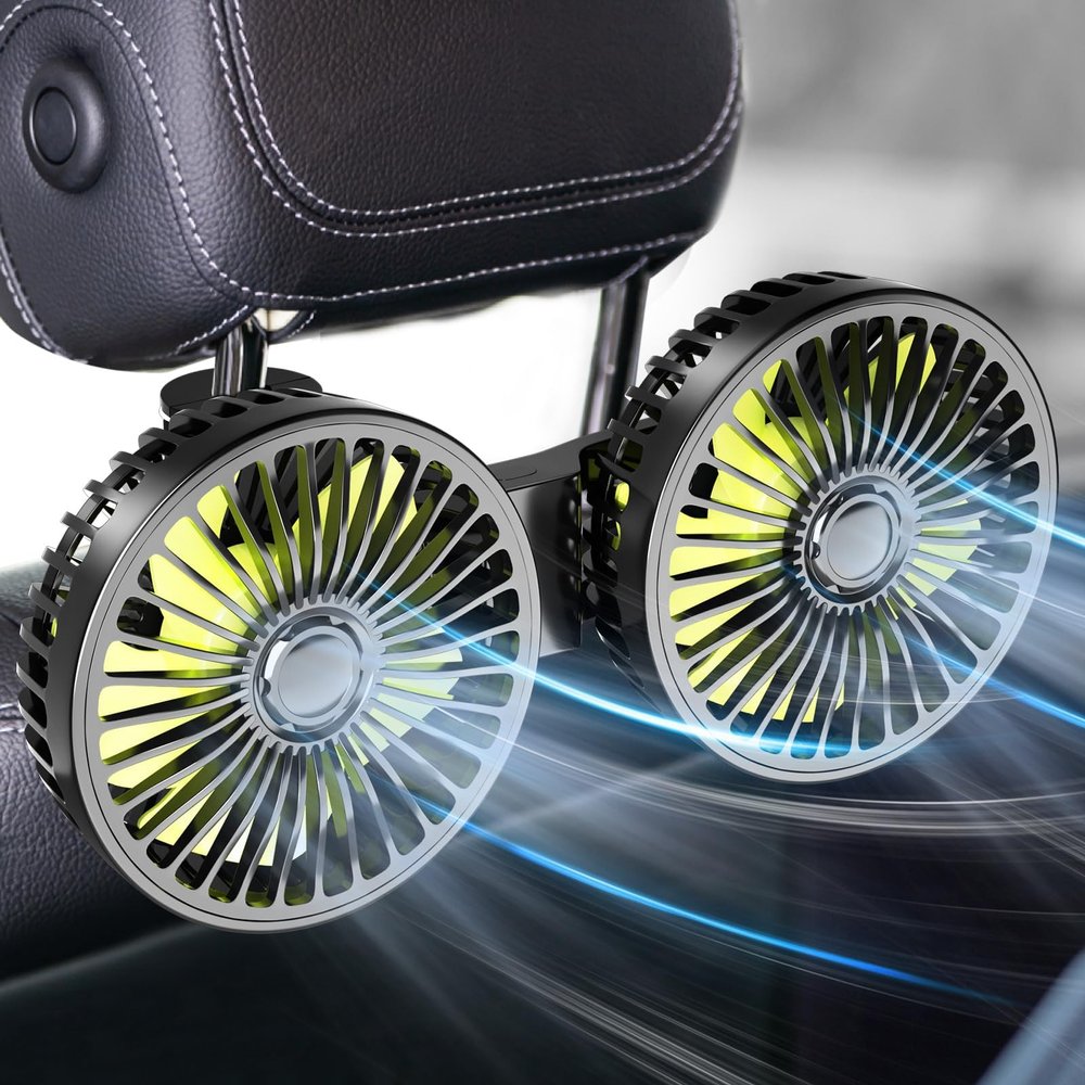 Dealswin Car Fan for Backseat kids, Dual Head USB Car Seat Fans, 360 Rotatable Strong Wind Rear Headrest CarFan for Baby, Air Circulation Fan with Adjustable Clip for Vehicles SUV RV