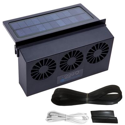 3-Fan Solar Powered Car Exhaust Fan for Heat Dissipation, USB Rechargeable Car Window Ventilation Fan with Rubber Strips, Solar Auto Air Vent Radiator for Removing Odors & Stagnant Air, Black