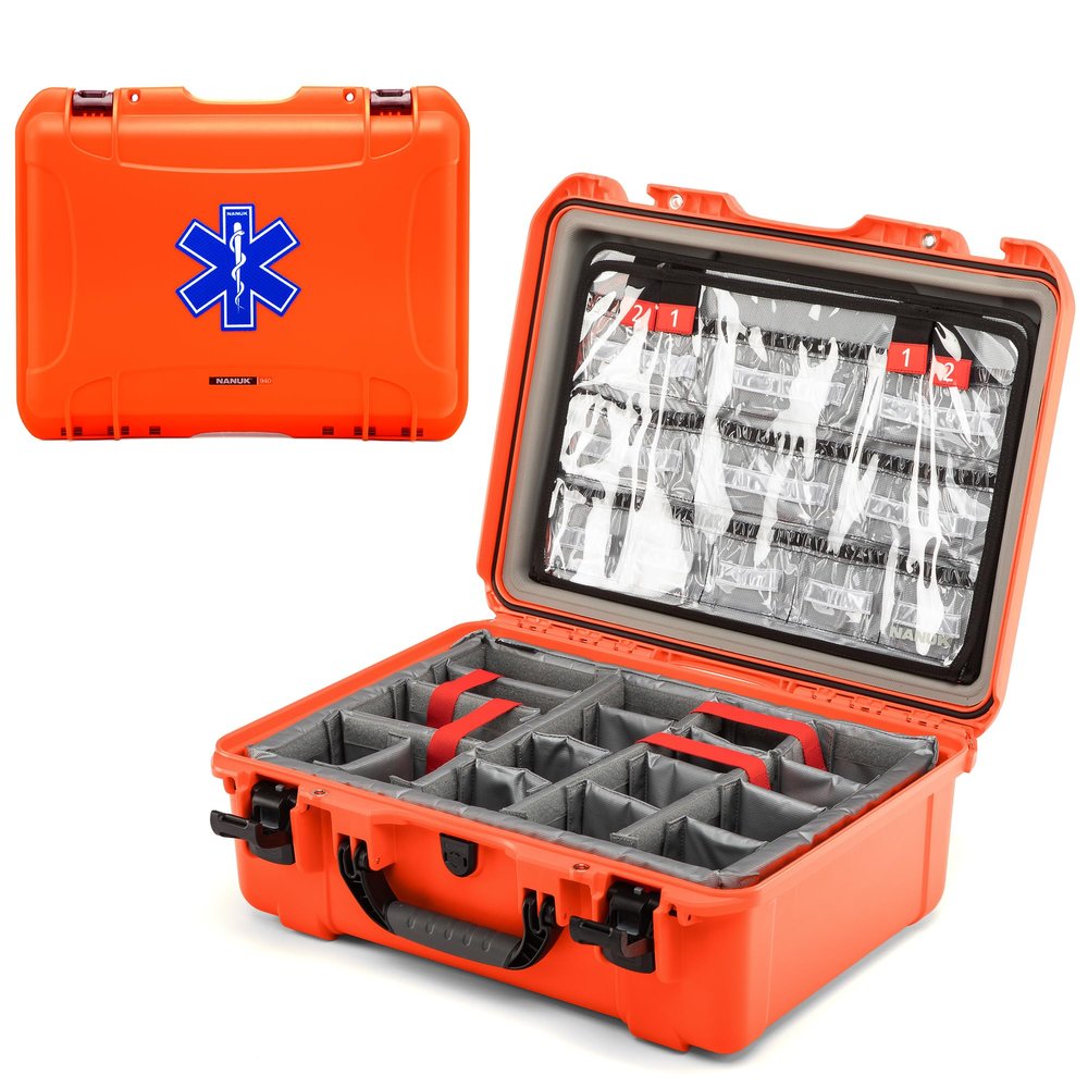 NANUK 940 Waterproof EMS/EMT Empty Hard Case with Dual-Compartment Lid Organizer and Padded Dividers First Aid Organizer for Trauma Kits & IP67 Dustproof, Impact-Resistant Orange