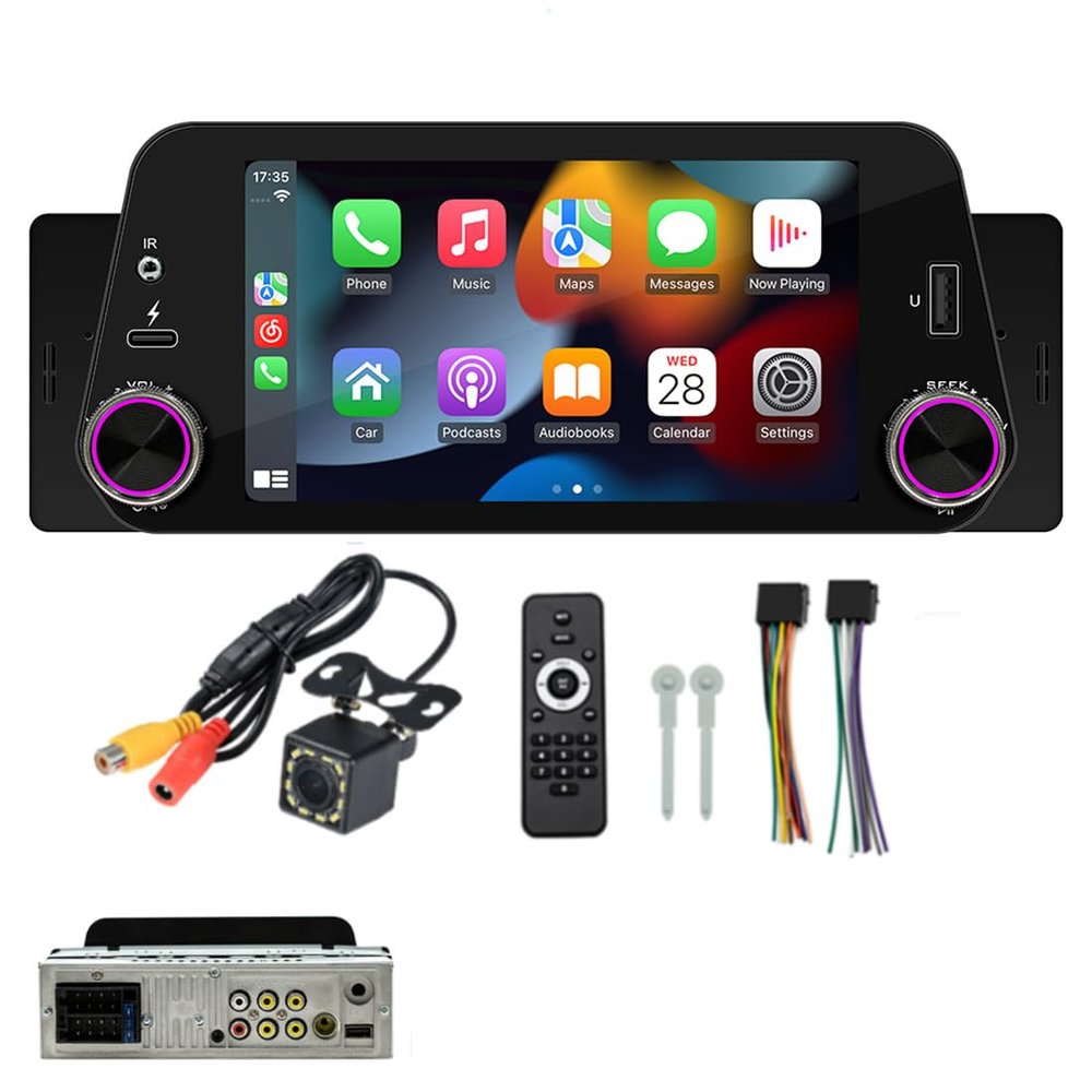 5 Inch Touch Screen Car Stereo Built-in CarPlay/Android Auto/Mirror-Link,1Din Radio Receiver with Bluetooth 5.1 Handsfree,FM USB Tpye C Audio Video Player+12LED Camera