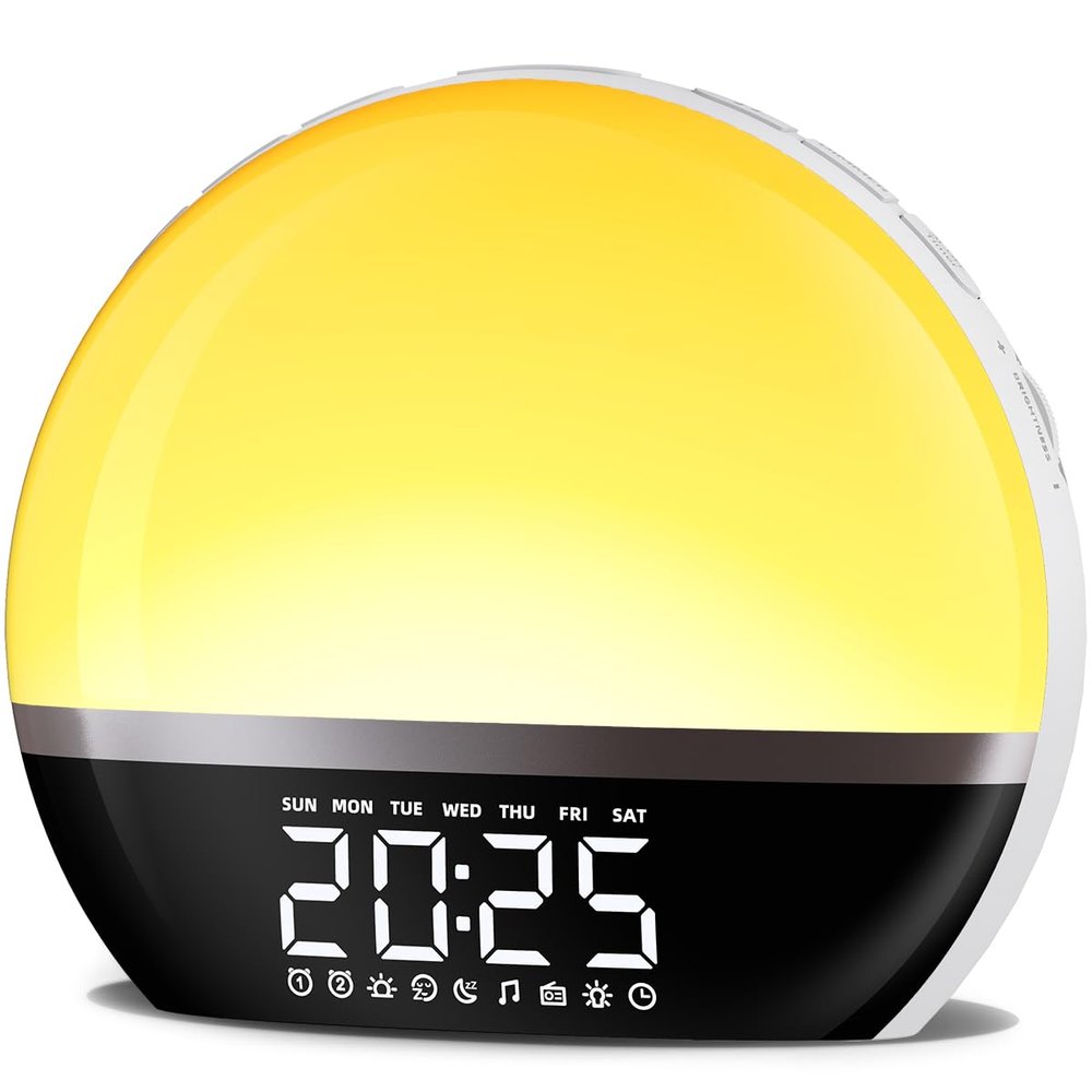 SoundLegend FM Radio Sunrise Alarm Clock Sound Machine Wake-Up Light Sunrise Sunset Simulation Adjustable Volume Brightness Sleep Aid 13 Colors 23 Sounds 28 Tunes Snooze Dual Alarm 4 Timers