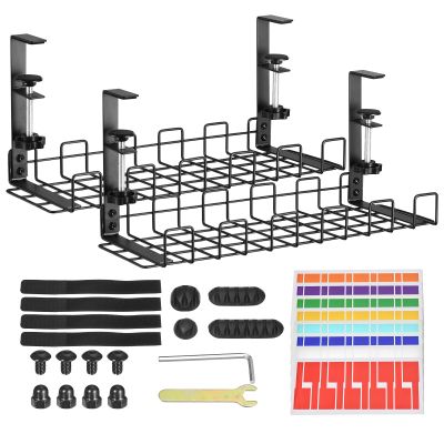 uxcell Cable Management Tray, 2Pcs 15.75'' - Metal Under Desk Cable Management Rack, No Drill Adjustable and Removable Wire Storage Rack for Office Home Computer Cord Organizer (Black)