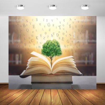 BELECO 5x3ft Fabric Magic Wisdom Book with English Alphabet Backdrop Knowledge Tree in Old Book Blurred Bookshelf Background for Kids Adults Party Graduation Decor Photo Studio Props