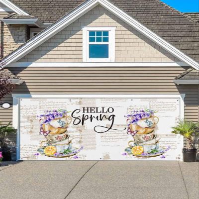 Garage Door Banner Decoration with 6 Metal Rings, Letter Hello Spring Lavender Cups 7 x 16 ft Large Garage Door Cover Banner for Outdoor Indoor Yard Wall Garage Door Mural Home Decor