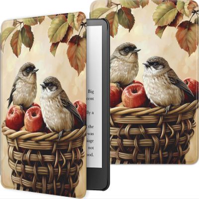 Qindaiwen Case for 6.8" Kindle Paperwhite 11th Generation 2021 Lightweight PU Leather Cover with Auto Wake/Sleep for Amazon Kindle Paperwhite 2021 Signature Edition/Kids E-Reader, Birds in Basket