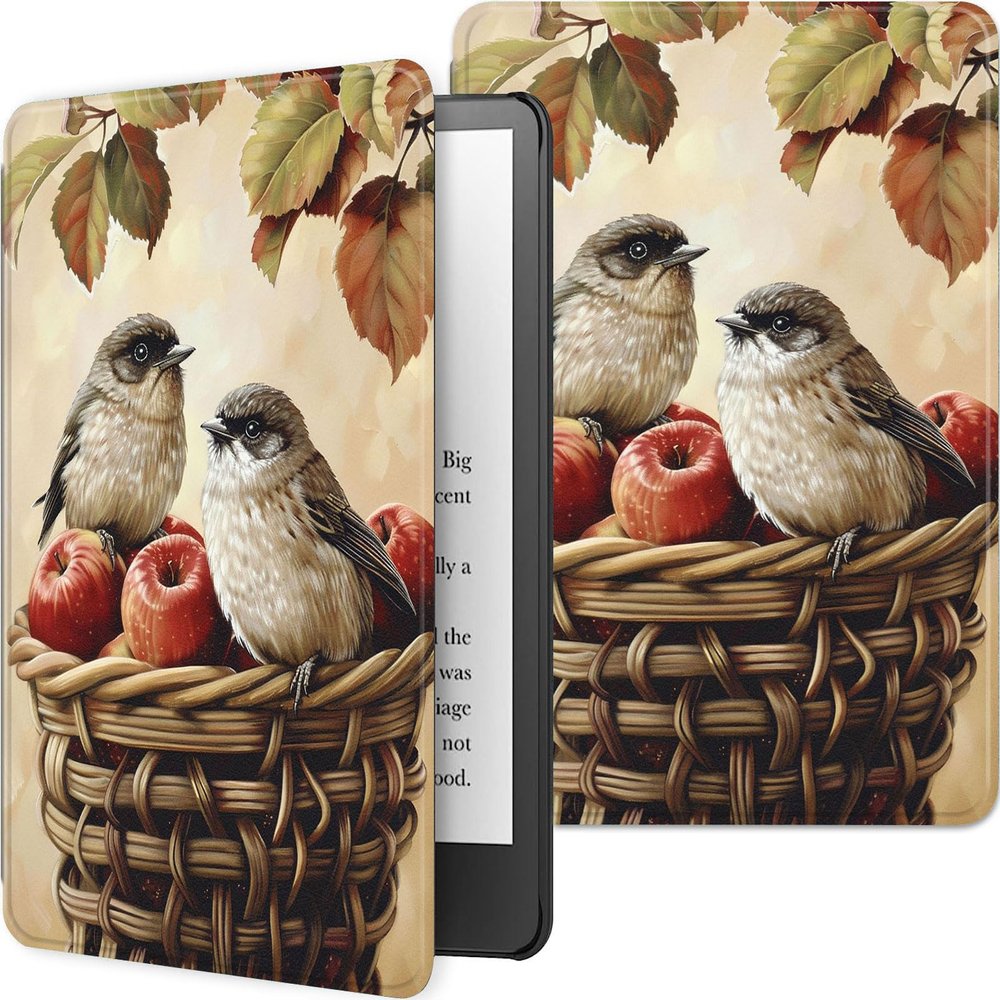 Qindaiwen Case for 6.8" Kindle Paperwhite 11th Generation 2021 Lightweight PU Leather Cover with Auto Wake/Sleep for Amazon Kindle Paperwhite 2021 Signature Edition/Kids E-Reader, Birds in Basket