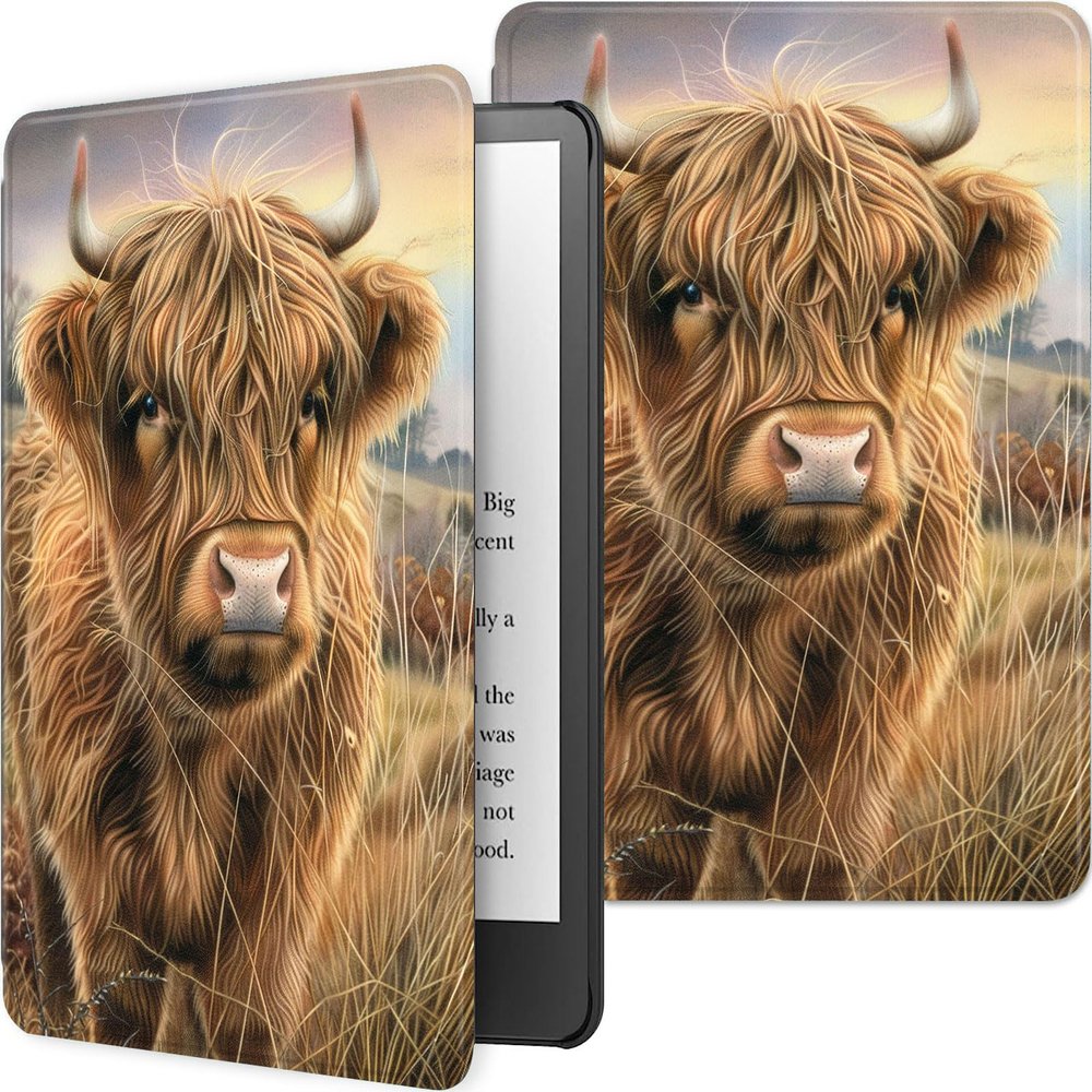 Qindaiwen Case for 6.8" Kindle Paperwhite 11th Generation 2021 Lightweight PU Leather Cover with Auto Wake/Sleep for Amazon Kindle Paperwhite 2021 Signature Edition/Kids E-Reader, Highland Woolly Cow