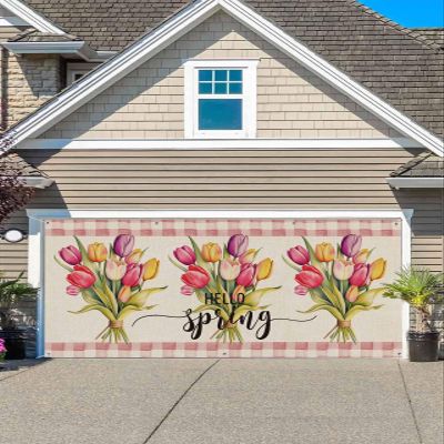 Garage Door Banner Decoration with 6 Metal Rings, Retro Flower Pink Tulip 7 x 16 ft Large Garage Door Cover Banner for Outdoor Indoor Yard Wall Garage Door Mural Home Decor