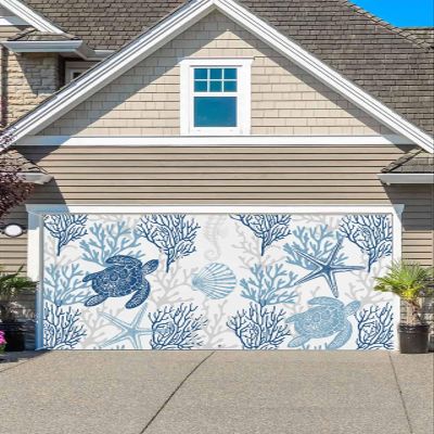 Garage Door Banner Decoration with 6 Metal Rings, Summer Ocean Blue Coral Sea Turtle 7 x 16 ft Large Garage Door Cover Banner for Outdoor Indoor Yard Wall Garage Door Mural Home Decor