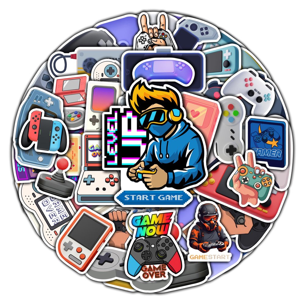 BIGZORO Pack 50 PCS Gamepad Stickers Game Controller Handle Vinyl Decals Waterproof Cute Cartoon Gaming Decor Bumper Water Bottles Laptop Bicycle Guitar for Kids Teens Adults Gamer