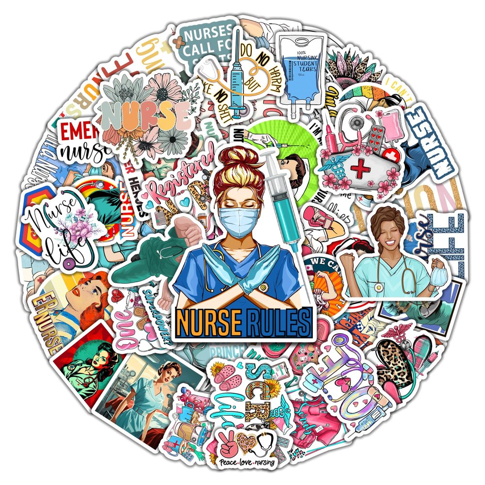 BIGZORO Pack 50 PCS Nurse Stickers Nursing Waterproof Vinyl Decals Decorations Patches Laptop Bumper Water Bottles Luggage Bike Journal Skateboard Computer Accessories for Work