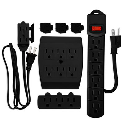 7 Piece Power Value Pack, Multi-Outlet Kit Set Includes: 6 Outlet Power Strip 16/3 | 6 Outlet Extender | 3 Outlet Extender, | 5 Ft Indoor Extension Cord, | 3 Pcs 3 to 2 Prong Adopters, | Black