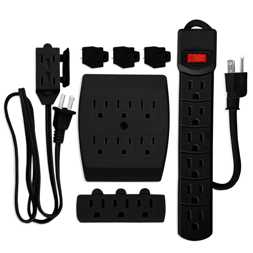 7 Piece Power Value Pack, Multi-Outlet Kit Set Includes: 6 Outlet Power Strip 16/3 | 6 Outlet Extender | 3 Outlet Extender, | 5 Ft Indoor Extension Cord, | 3 Pcs 3 to 2 Prong Adopters, | Black