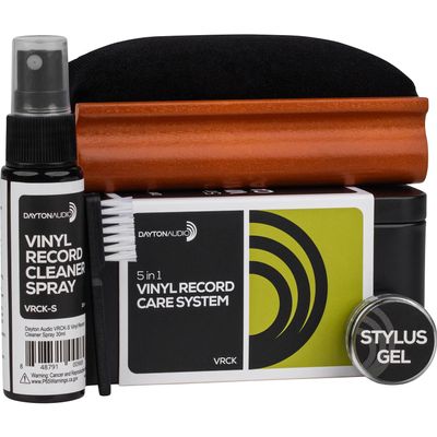 Dayton Audio Vinyl Record Cleaning Kit  VRCK 5-in-1 Complete Care System with Velvet Brush, Cleaning Solution, Stylus Gel, Dust Remover, and Metal Storage Case