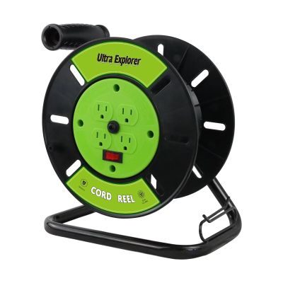 Ultra Explorer Extension Cord Storage Reel with 4-Grounded Outlets, Heavy Duty Open Cord Reel for 12/3 14/3 16/3 Power Cords, Portable Empty Hand Crank Electric Cord Roller Holder, Green