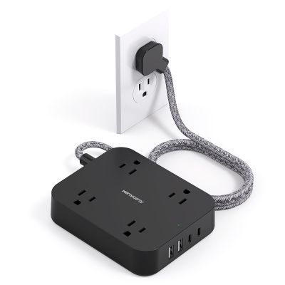 Black Flat Plug Extension Cord, HANYCONY 5ft Power Strip with 4 USB Ports(2 USB C), 4 Widely Outlets Extender, Wall Mount, Desk Charging Station for Office, School, Travel and Dorm Room Essentials