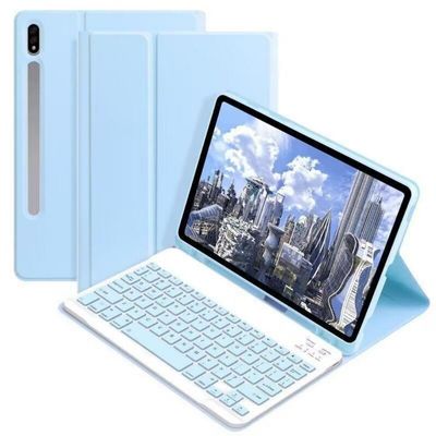 AnMengXinLing Case with Keyboard for Galaxy Tab S10 Lite/S10 FE/S9FE/S9/S8/S7, Candy Colors Slim Protective Cover with Magnetic Detachable Keyboard with S Pen Holder, Sky Blue