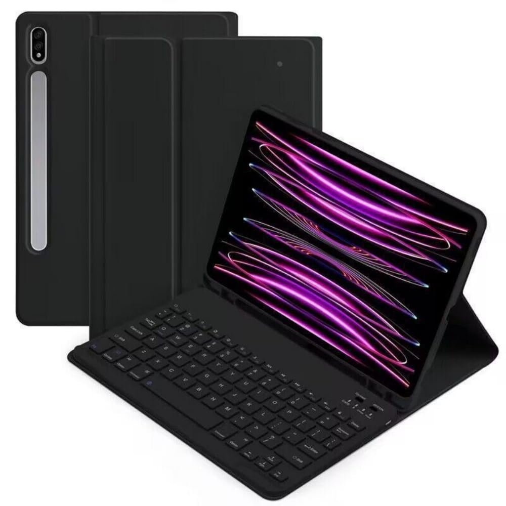 AnMengXinLing Galaxy Tab S10+ Plus/S9+ Plus/S9 FE+ Plus 12.4" /S8+/S7+/S7FE Tablet Case with Keyboard, Candy Colors Slim Protective Cover with Magnetic Detachable Keyboard with S Pen HolderBlack