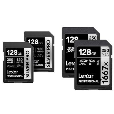 Lexar 128GB (2-PK) Professional Silver PRO SDXC Memory Card, UHS-II, C10, U3, V60 & 128GB (2-Pack) Professional 1667x SDXC Memory Cards, UHS-II, C10, U3, V60, Full-HD & 4K Video