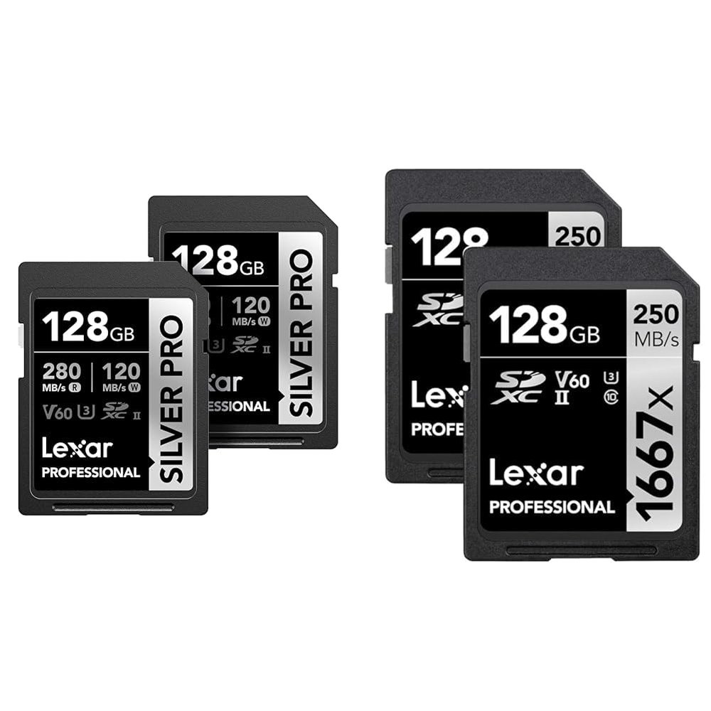 Lexar 128GB (2-PK) Professional Silver PRO SDXC Memory Card, UHS-II, C10, U3, V60 & 128GB (2-Pack) Professional 1667x SDXC Memory Cards, UHS-II, C10, U3, V60, Full-HD & 4K Video