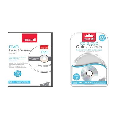 Maxell 190059, DVD Lens Cleaner with Microfiber Brush System & CD & DVD Quick Wipes, Remove Dirt, dust, and smudges, Great for DVDs, CDs, PlayStation Discs, and Xbox Discs, 20PK (190511)