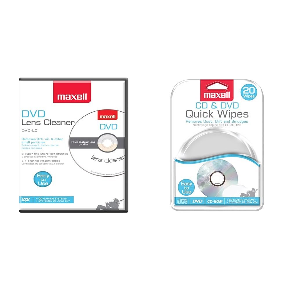 Maxell 190059, DVD Lens Cleaner with Microfiber Brush System & CD & DVD Quick Wipes, Remove Dirt, dust, and smudges, Great for DVDs, CDs, PlayStation Discs, and Xbox Discs, 20PK (190511)