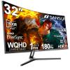 SANSUI 32-Inch Curved Gaming Monitor WQHD 2560 x 1440 180Hz Curved 1500R -Fast VA,1ms(OD), HDR, 300nits, sRGB 125%, DCI-P3 95%, FreeSync, HDMI x2, DP1.4x2(DP Cable Included) view 1
