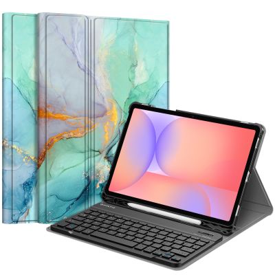 FINTIE Keyboard Case for Samsung Galaxy Tab S10 Lite/ S10 FE/ S9 FE 5G 10.9 Inch/Tab S9 11 Inch with S Pen Holder, Slim Stand Cover Detachable Wireless Bluetooth Keyboard, Emerald Marble