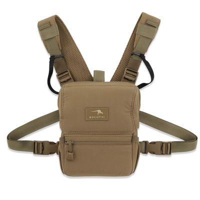 Marsupial Gear No-Mag Enclosed Binocular Pack - Magnet-Free Hunting Bino Chest Harness with Silent Fleece Lining, Coyote Brown, Medium