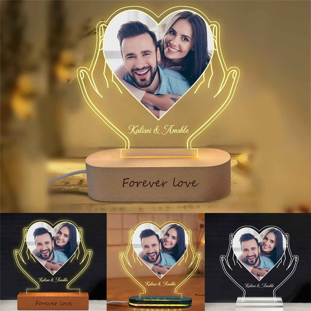 Smallduuck Personalized Heart Photo Night Light Custom Couple Picture Led Photo Frame Lamp Couple Acrylic Lamp Gift for Couple Him Her Mom Dad Valentines Day Mother's Day Christmas Birthday