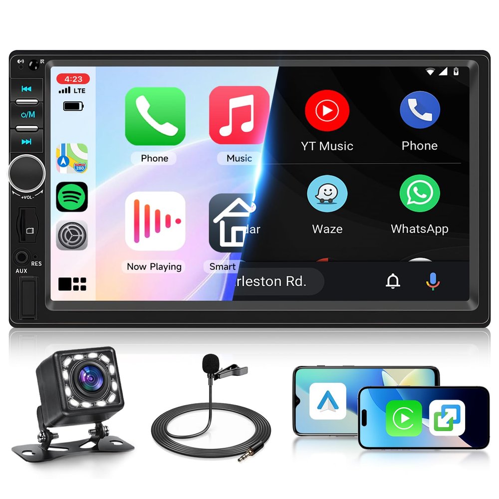 Car Stereo Double Din Touch Screen with Carplay Android Auto, Rimoody 7 Inch Car Radio with Mirror Link, Backup Camera, Steering Wheel Control, FM, EQ, USB/AUX Car Multimedia Player