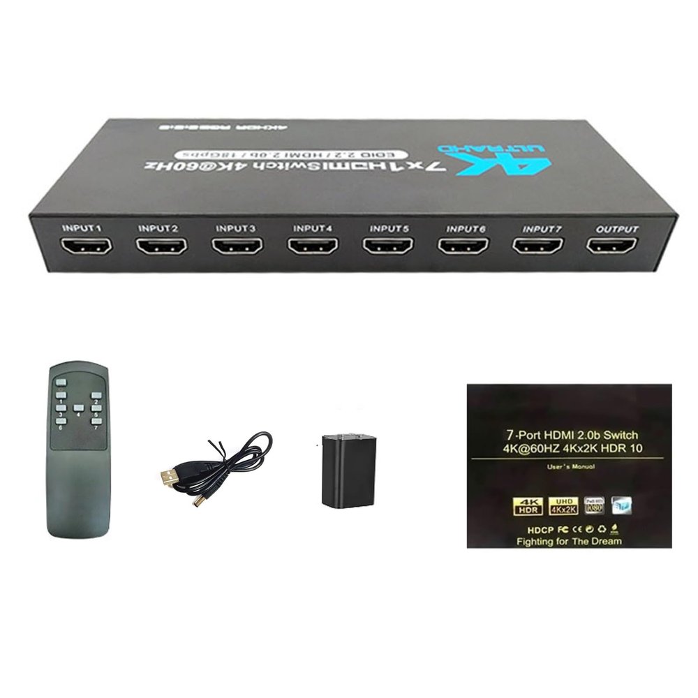 MOOKEENONE HDMI Switch 7 in 1 Out, 4K 60hz HDMI Selector Switch HDMI 2.0 Switch with Remote Control for HDTV PC Gamepad Console